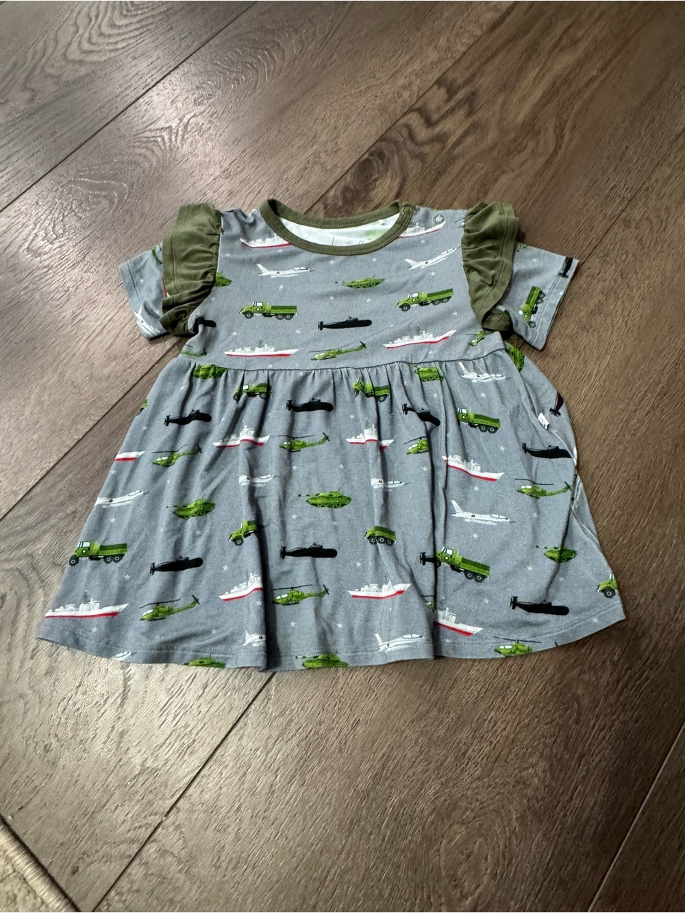 Girls Grey Military Print Ruffle-Sleeve Dress